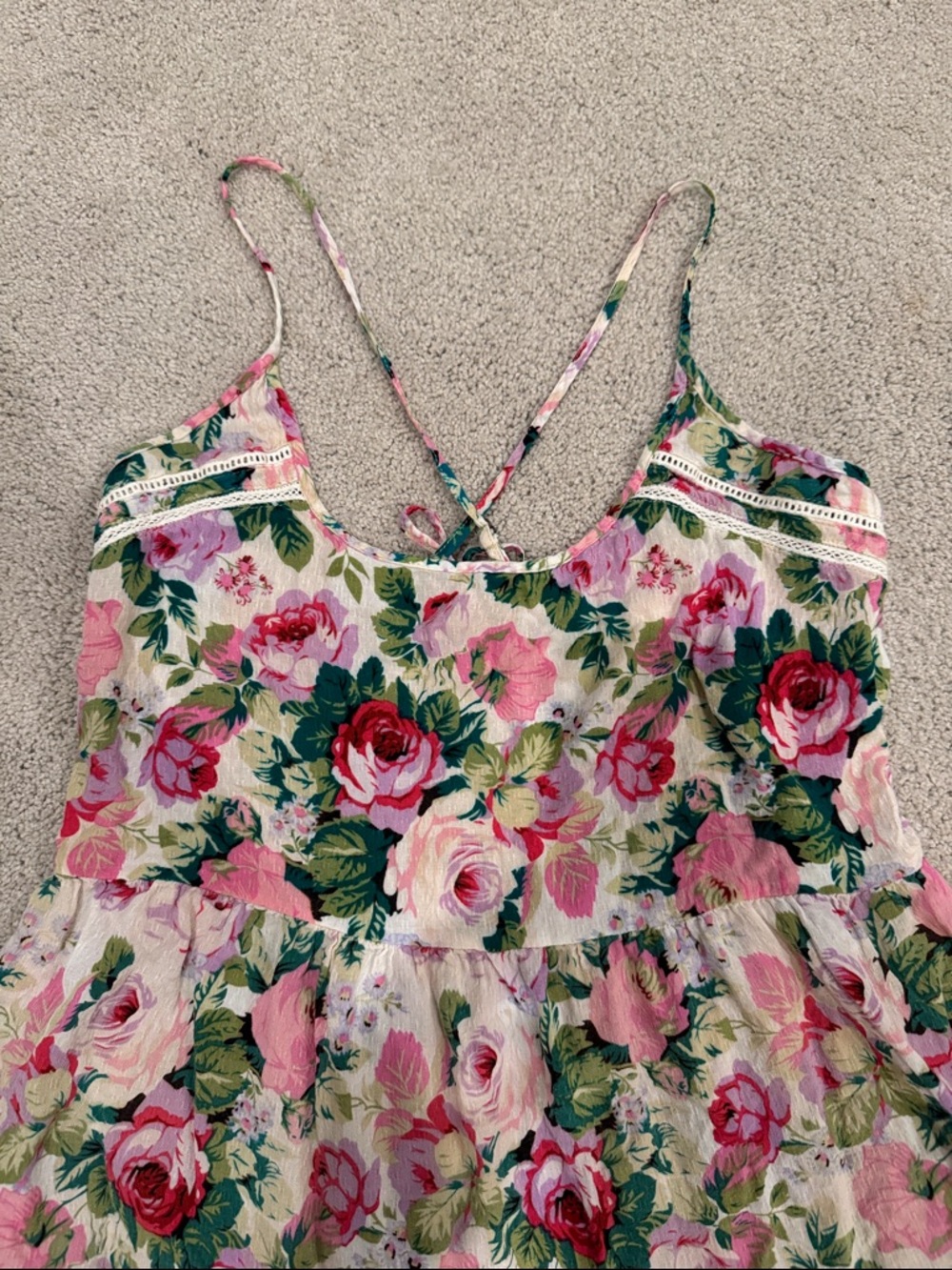 Eloise for Anthropologie Floral Pink & Green Spaghetti-Strap Slip Gown